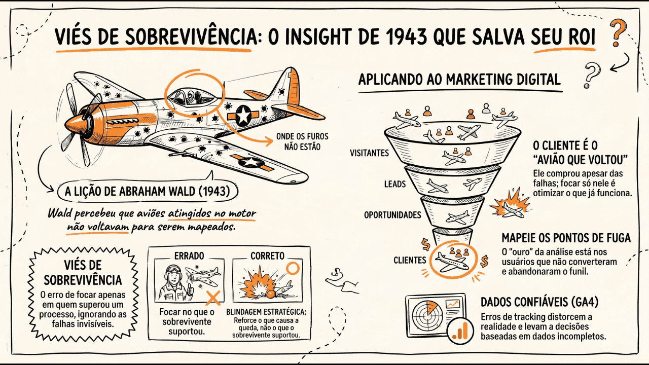 Viés de Sobrevivência no Marketing: o erro de 1943 que está matando seu ROI | Métricas Boss