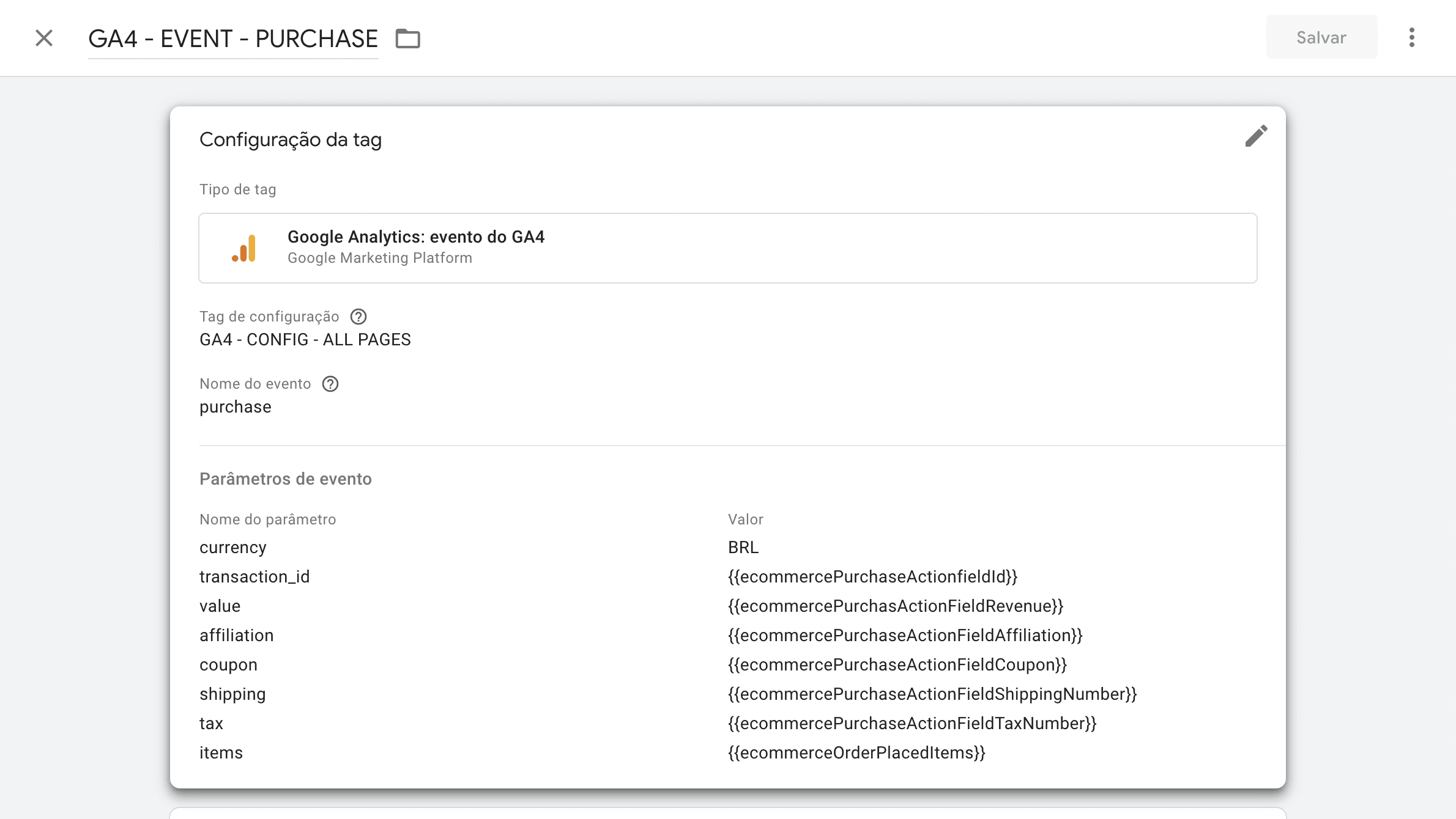 Configuração antes da alteração