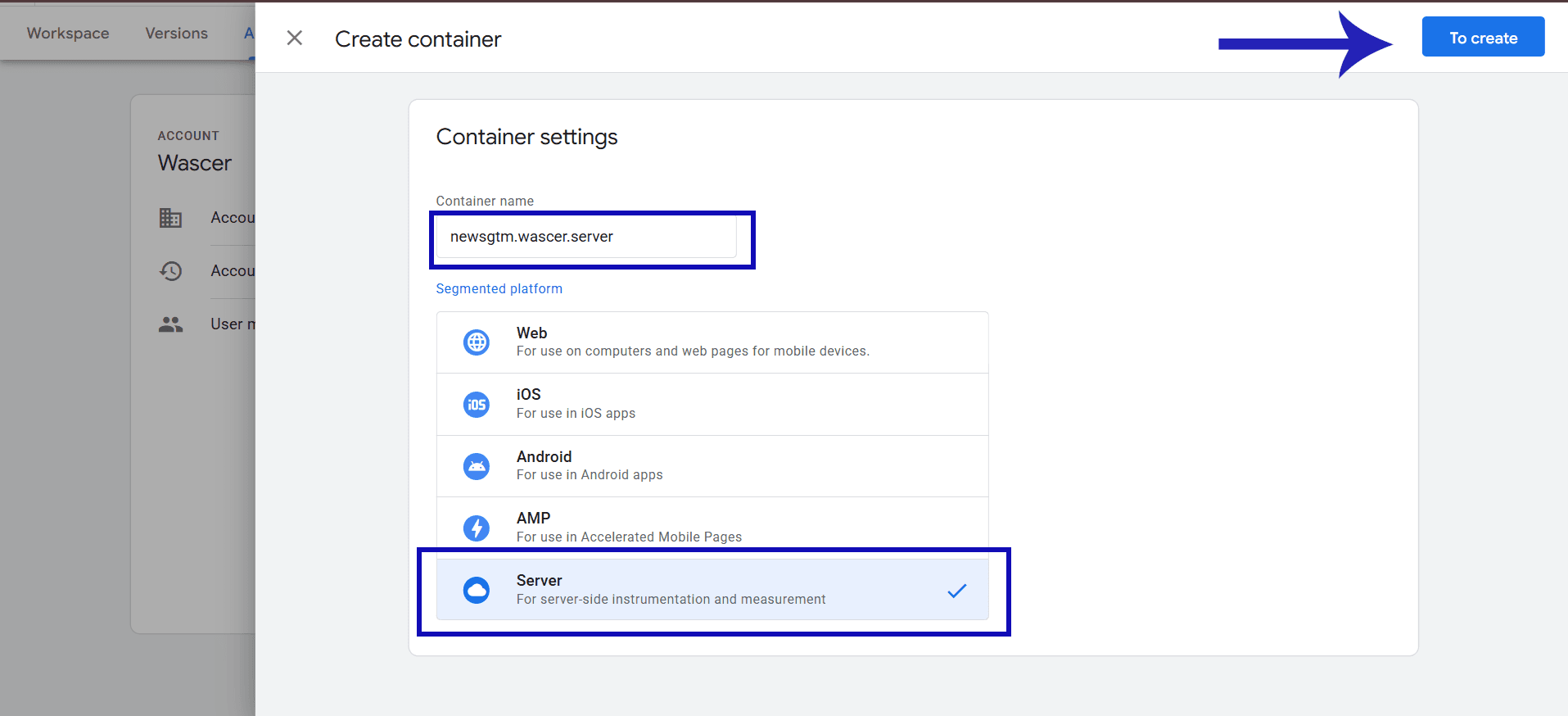 Criação do contêiner de servidor no Google Tag Manager