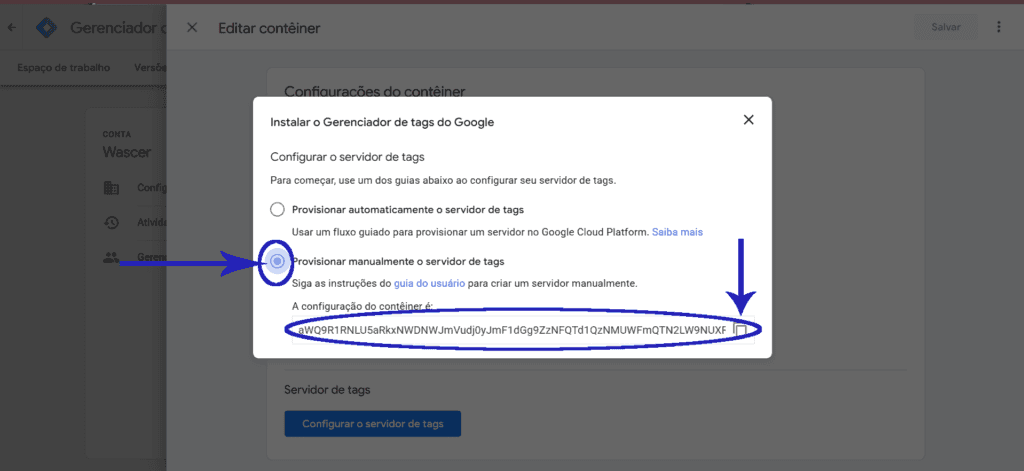 Configuração do servidor de tags no GTM com provisionamento manual