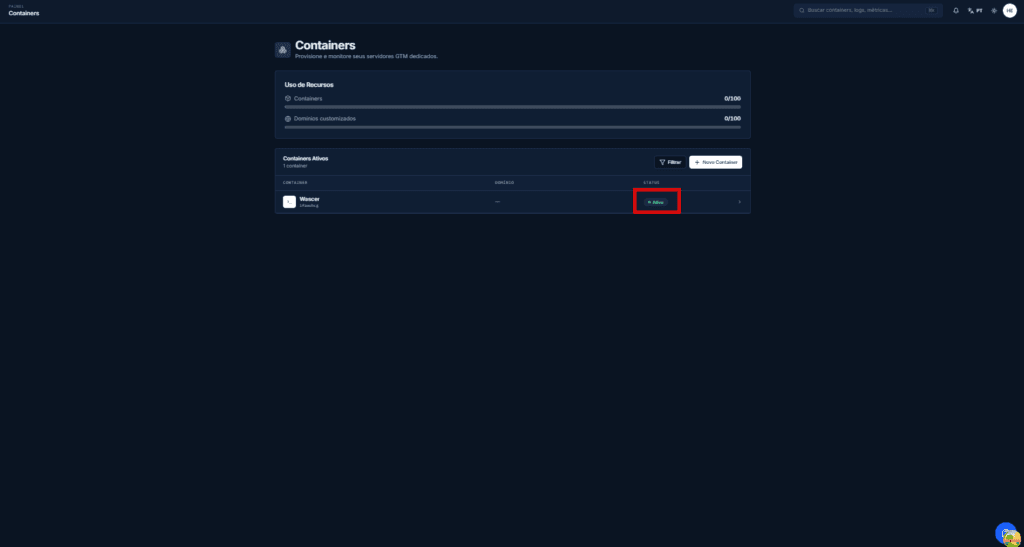 Contêiner ativo na lista do painel da Wascer
