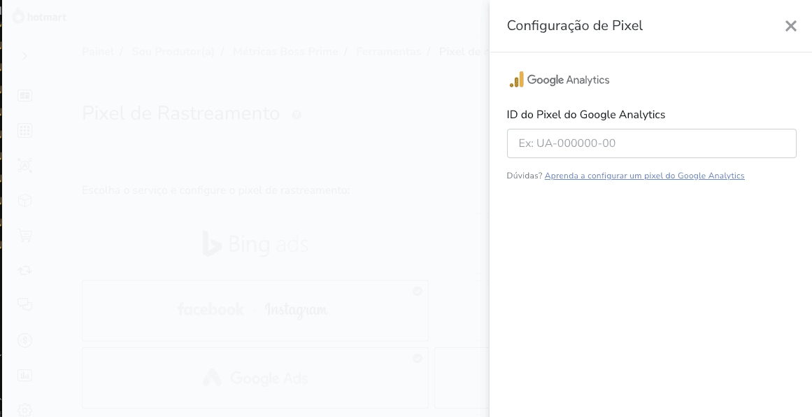 Na janela que será aberta, coloque o ID do seu pixel do Analytics``