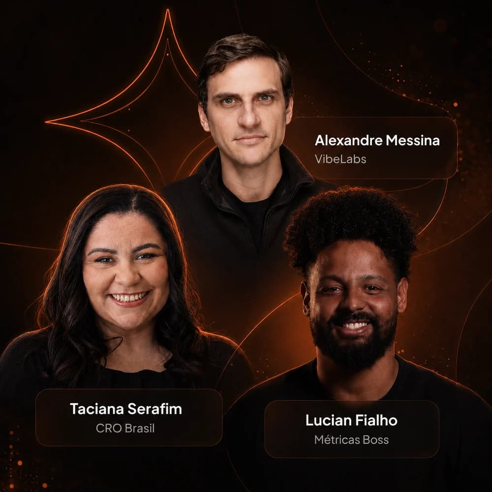 Alexandre Messina (VibeLabs), Taciana Serafim (CRO Brasil) e Lucian Fialho (Métricas Boss), professores do CRO A.I. Day